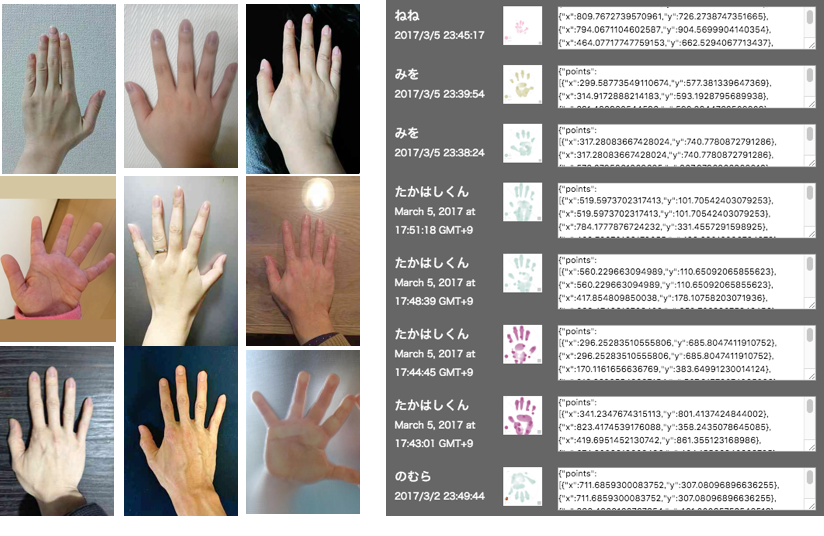 10名程度から手の写真と手形データ（タッチ座標値）を収集